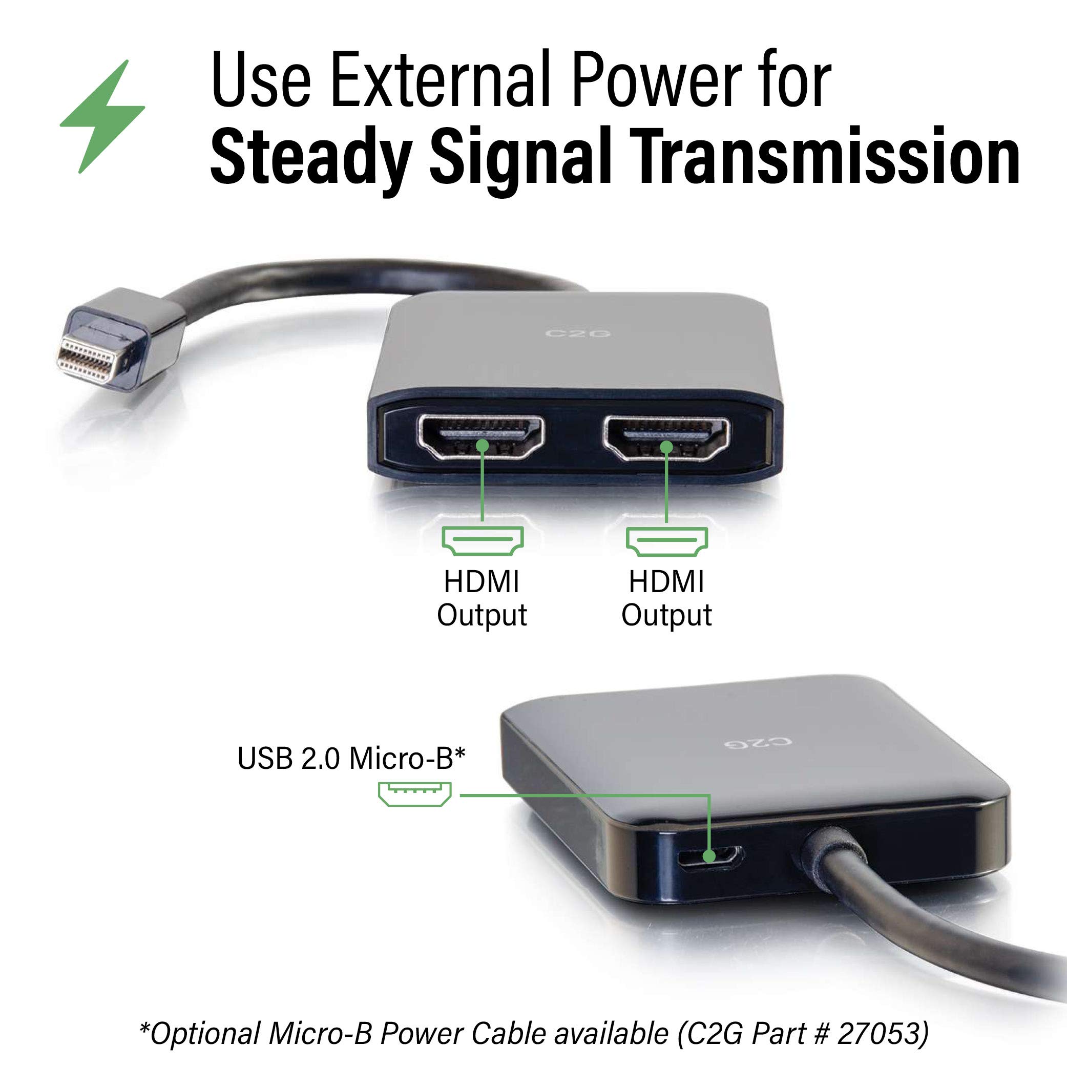 C2G 54292 USB Powered 4K 2-Port Mini DisplayPort to HDMI MST Hub Monitor Splitter, Black - Image 5